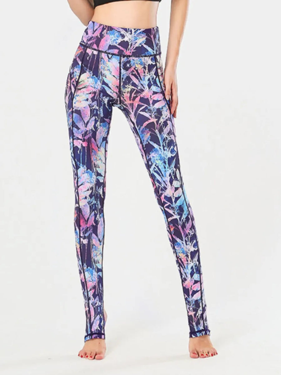 Printed Wide Waistband Active Leggings with Stirrups - CELIVINE