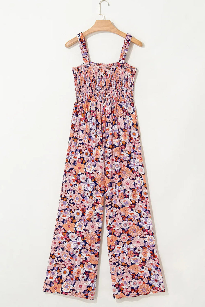 Floral Print Smocked High Waist Square Neck Jumpsuit - CELIVINE