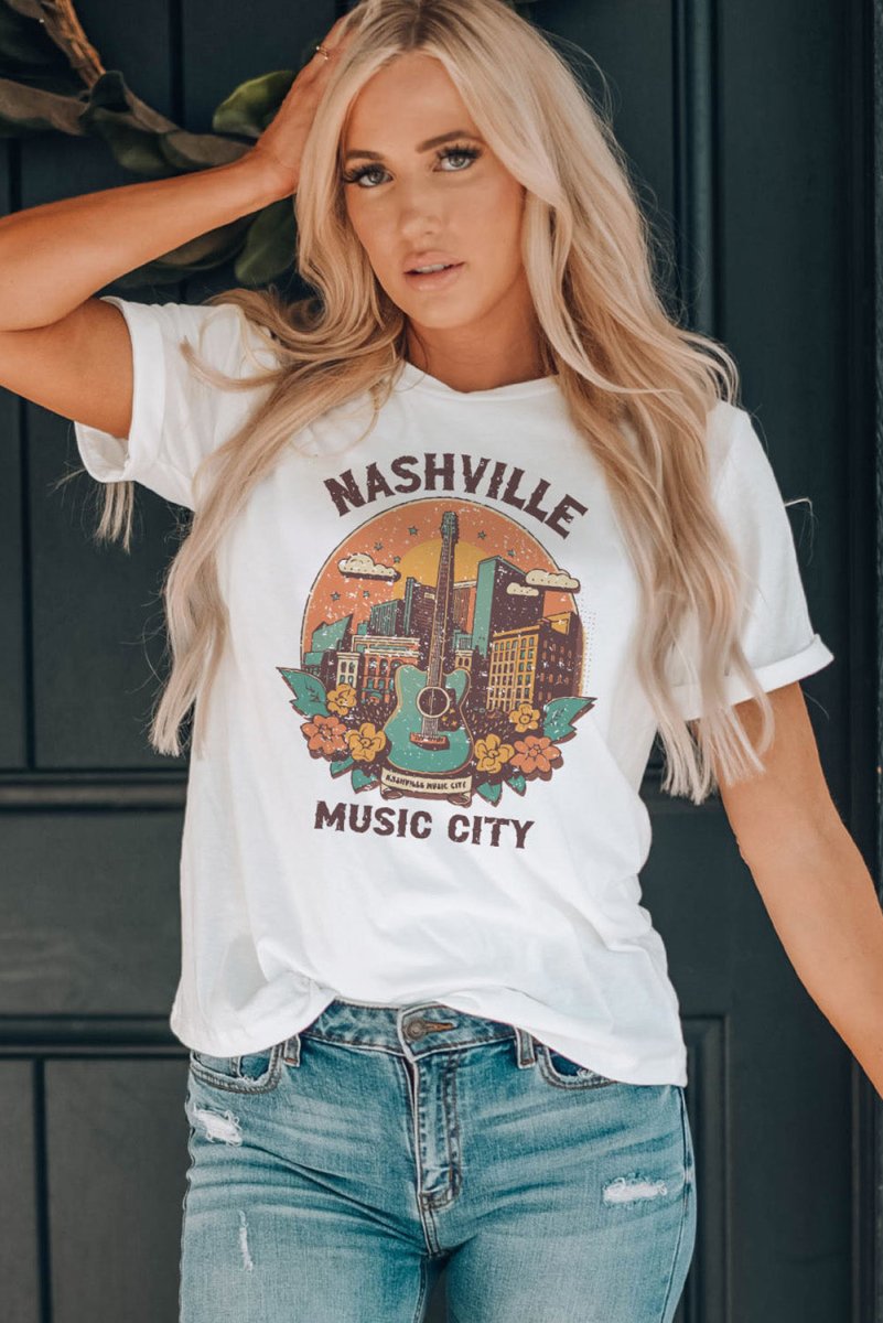 NASHVILLE MUSIC CITY Graphic Round Neck Tee - CELIVINE