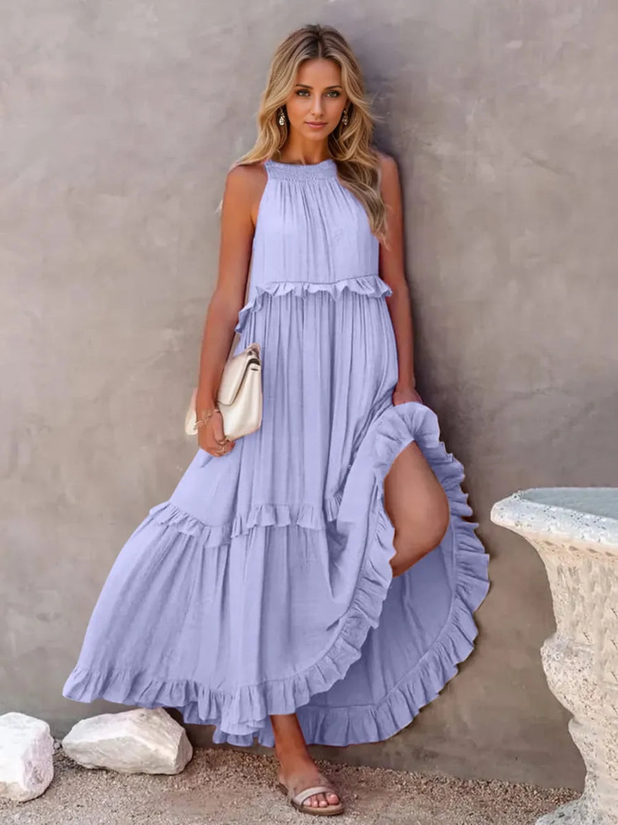 Ruffled Sleeveless Tiered Maxi Dress with Pockets - CELIVINE