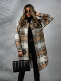 Plaid Collared Neck Long Sleeve Coat - CELIVINE