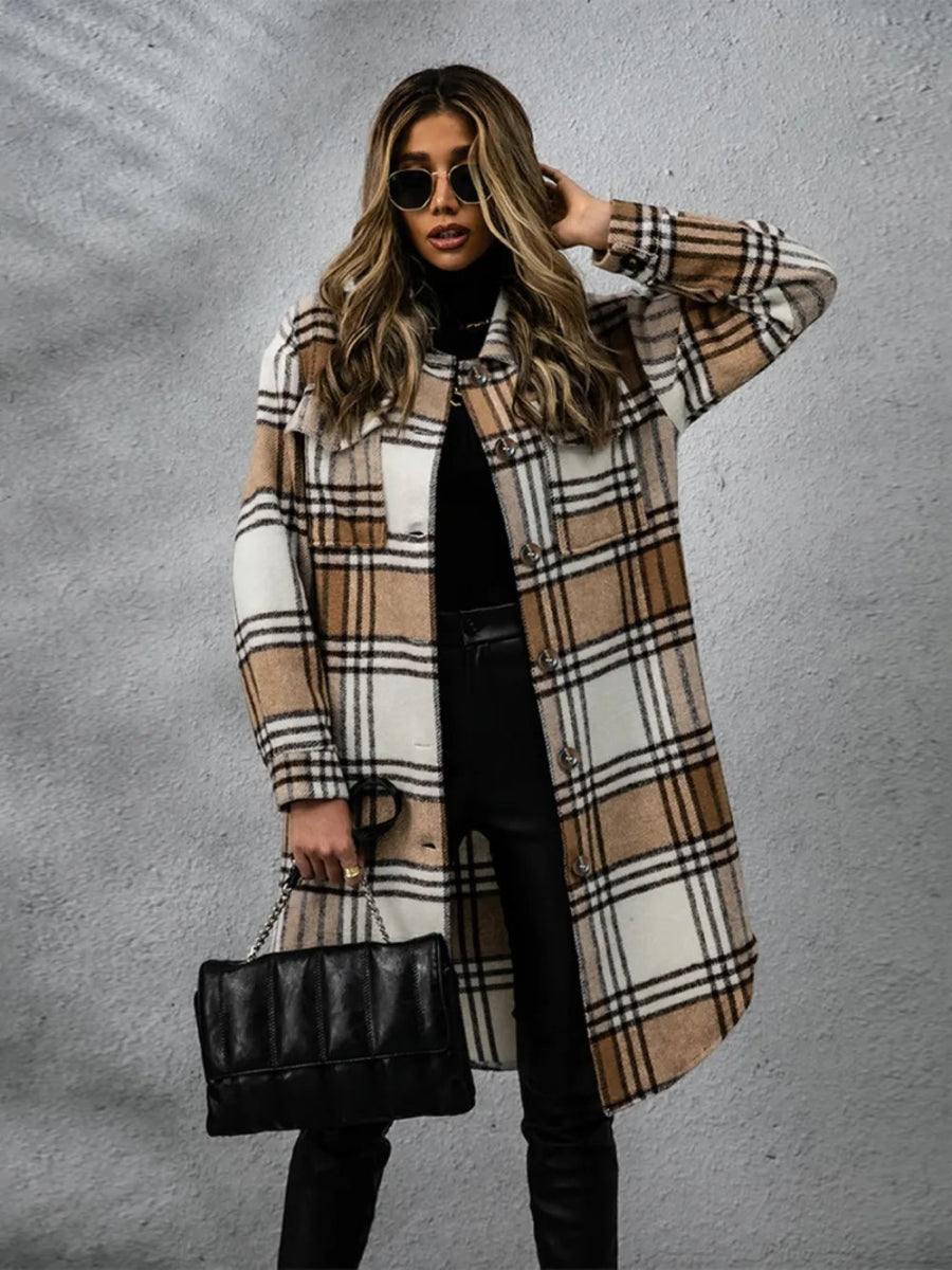 Plaid Collared Neck Long Sleeve Coat - CELIVINE