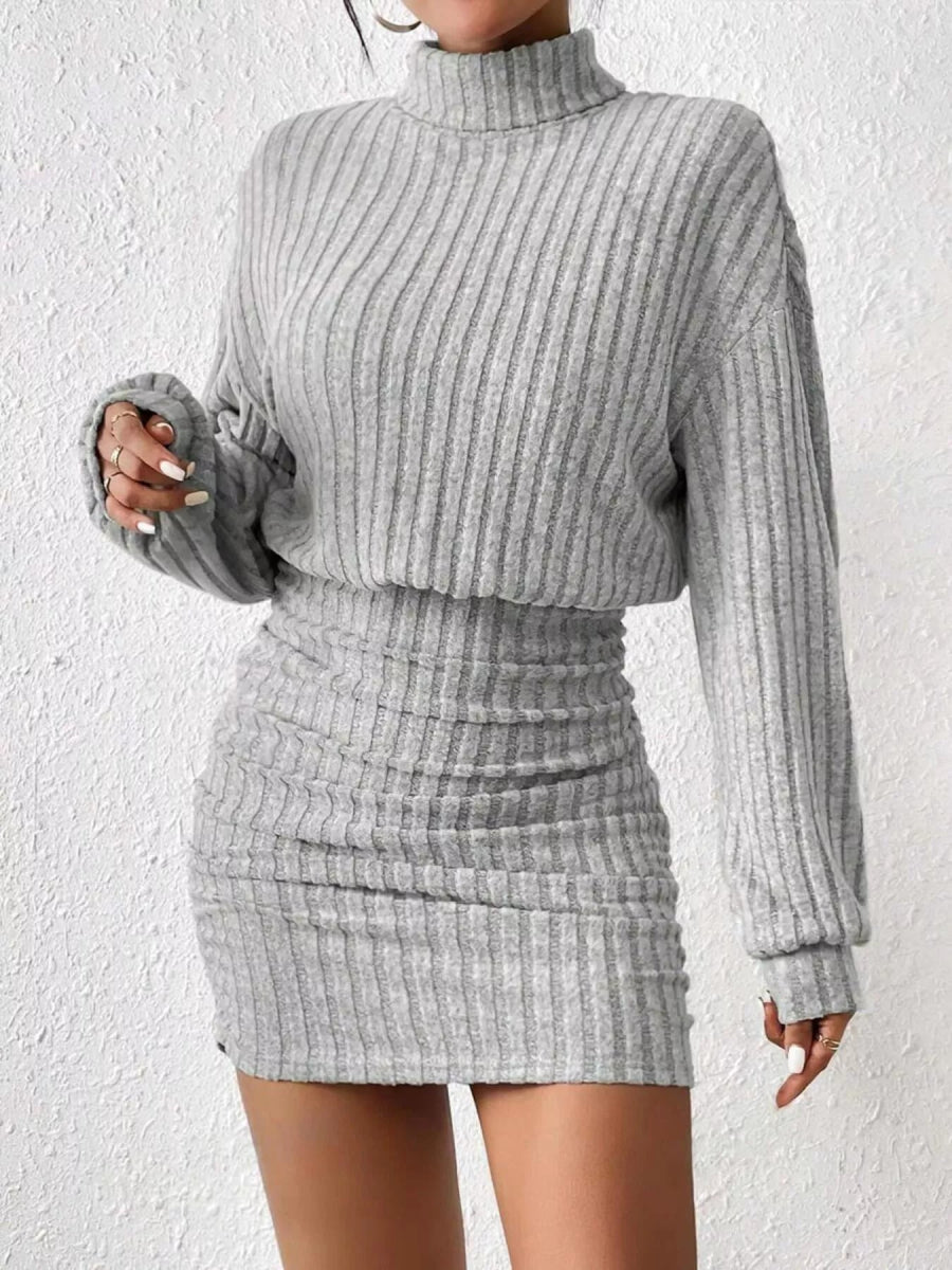 Ribbed Turtleneck Long Sleeve Sweater Dress - CELIVINE