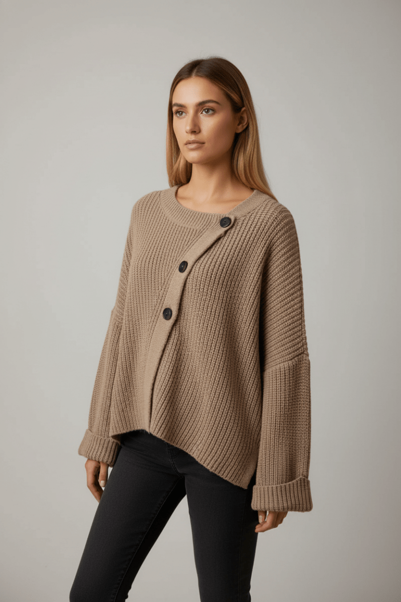 Asymmetrical Button Detail Sweater - CELIVINE