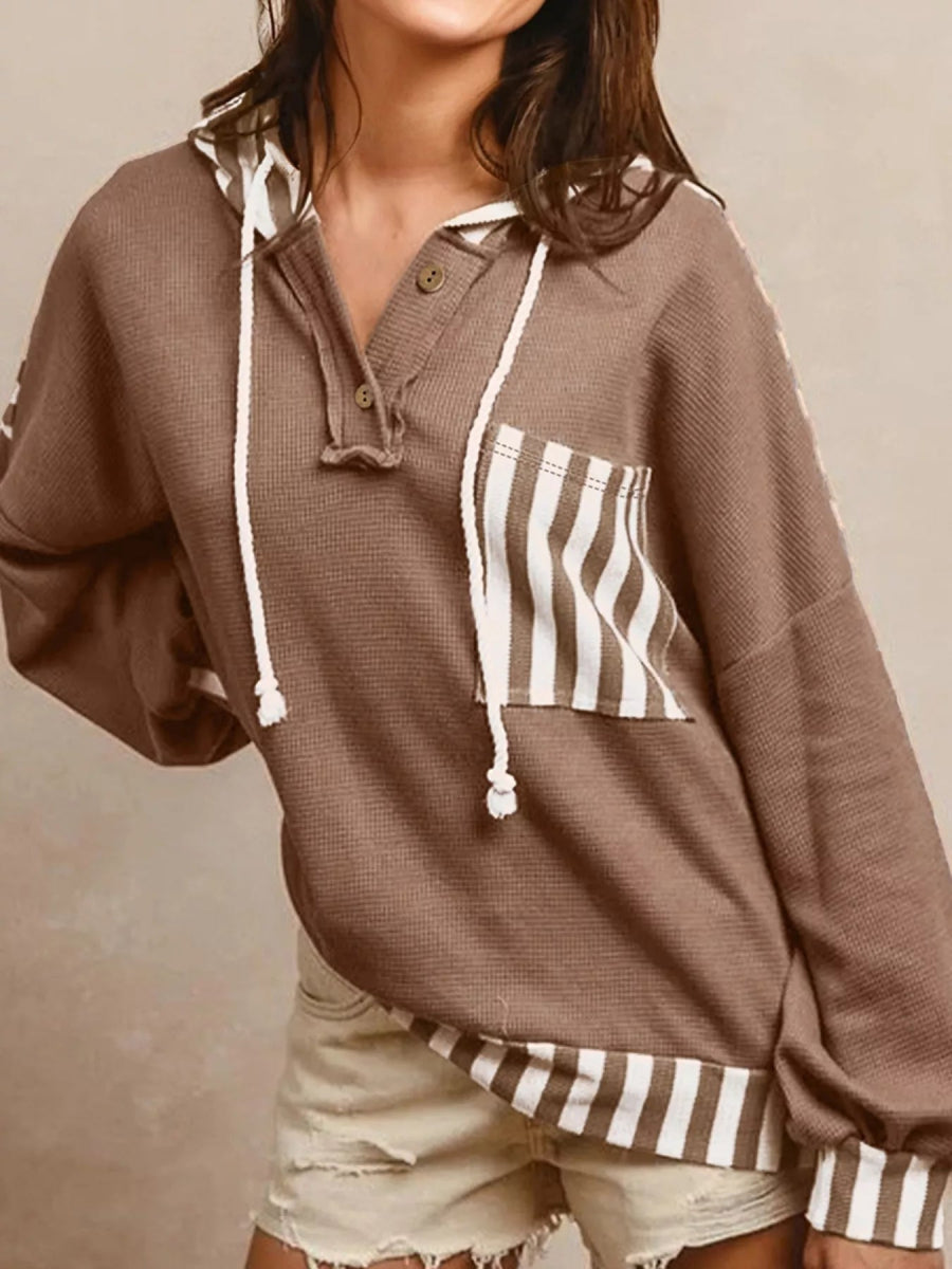 Waffle Texture Striped Patchwork Button Neck Drawstring Hoodie - CELIVINE