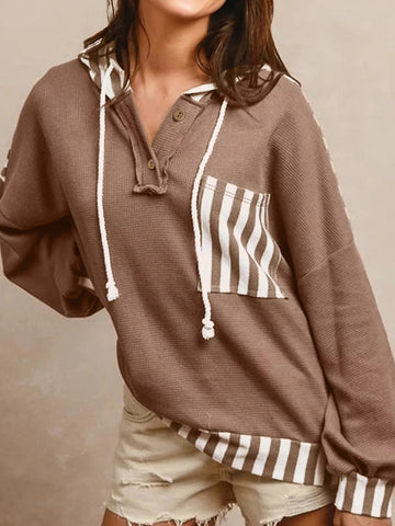 Waffle Texture Striped Patchwork Button Neck Drawstring Hoodie - CELIVINE