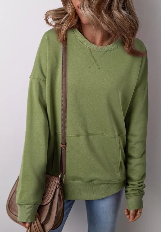 Solid Color Round Neck Long Sleeve Sweatshirt - CELIVINE