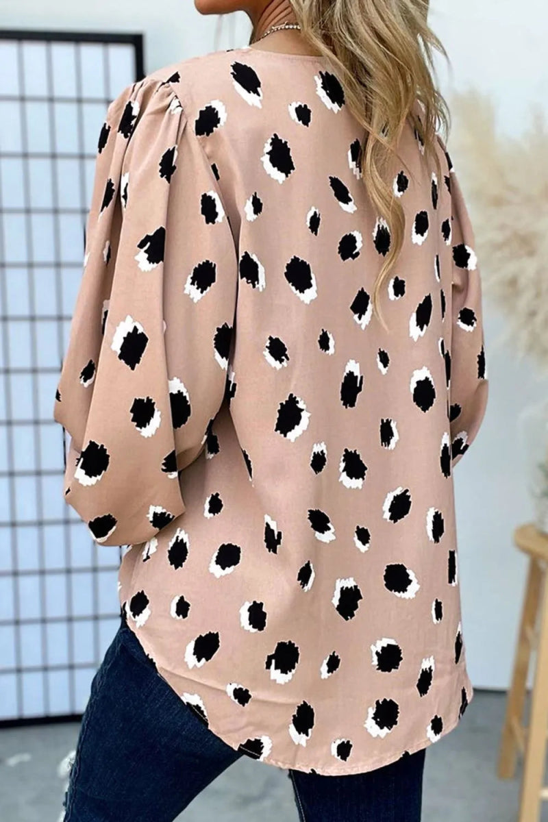 Contrast Animal Print V - Neck Long Sleeve Blouse - CELIVINE