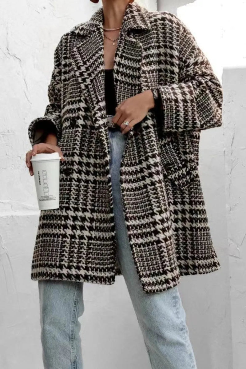 Houndstooth Collared Neck Long Sleeve Coat with Pockets - CELIVINE