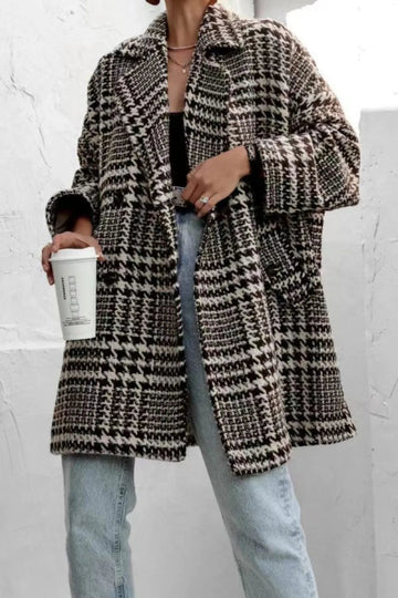Houndstooth Collared Neck Long Sleeve Coat with Pockets - CELIVINE
