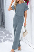 Ribbed Short Sleeve Wide Leg Jumpsuit - CELIVINE
