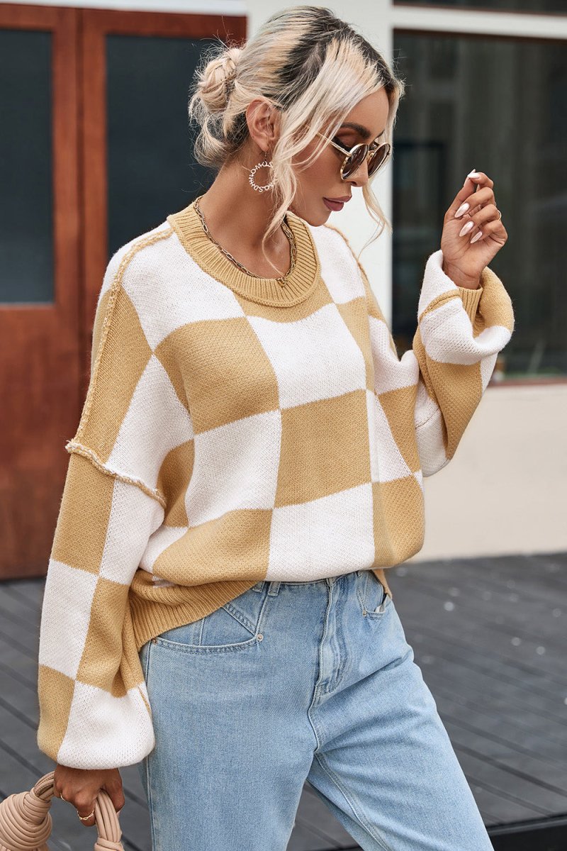 Checkered Exposed Seam Drooped Shoulder Sweater - CELIVINE