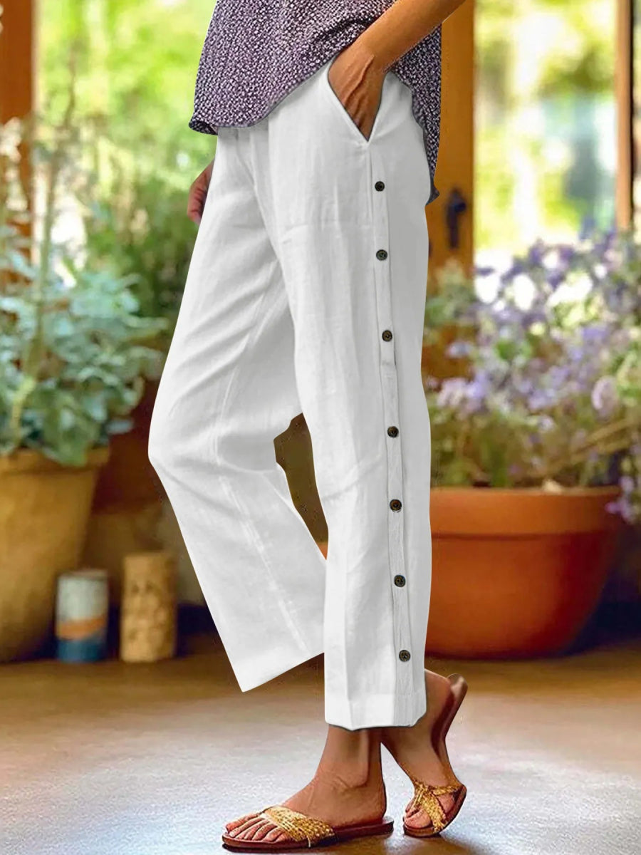Full Size Side Decor Button Casual Wide Leg Pants Plus Size - CELIVINE