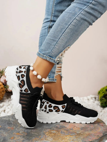 Cutout Leopard Lace Up Mesh Athletic - CELIVINE