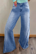 Raw Hem Wide Leg Jeans with Pockets - CELIVINE