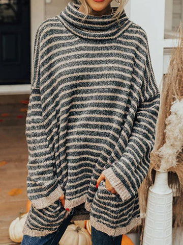 Striped Turtleneck Sweater with Pockets - CELIVINE