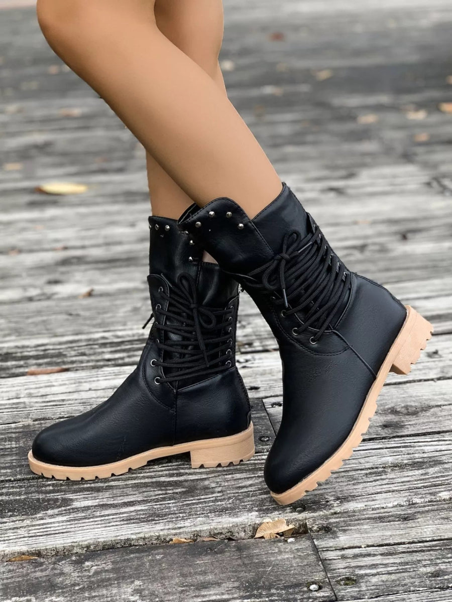 Round Toe Block Heels Boots - CELIVINE