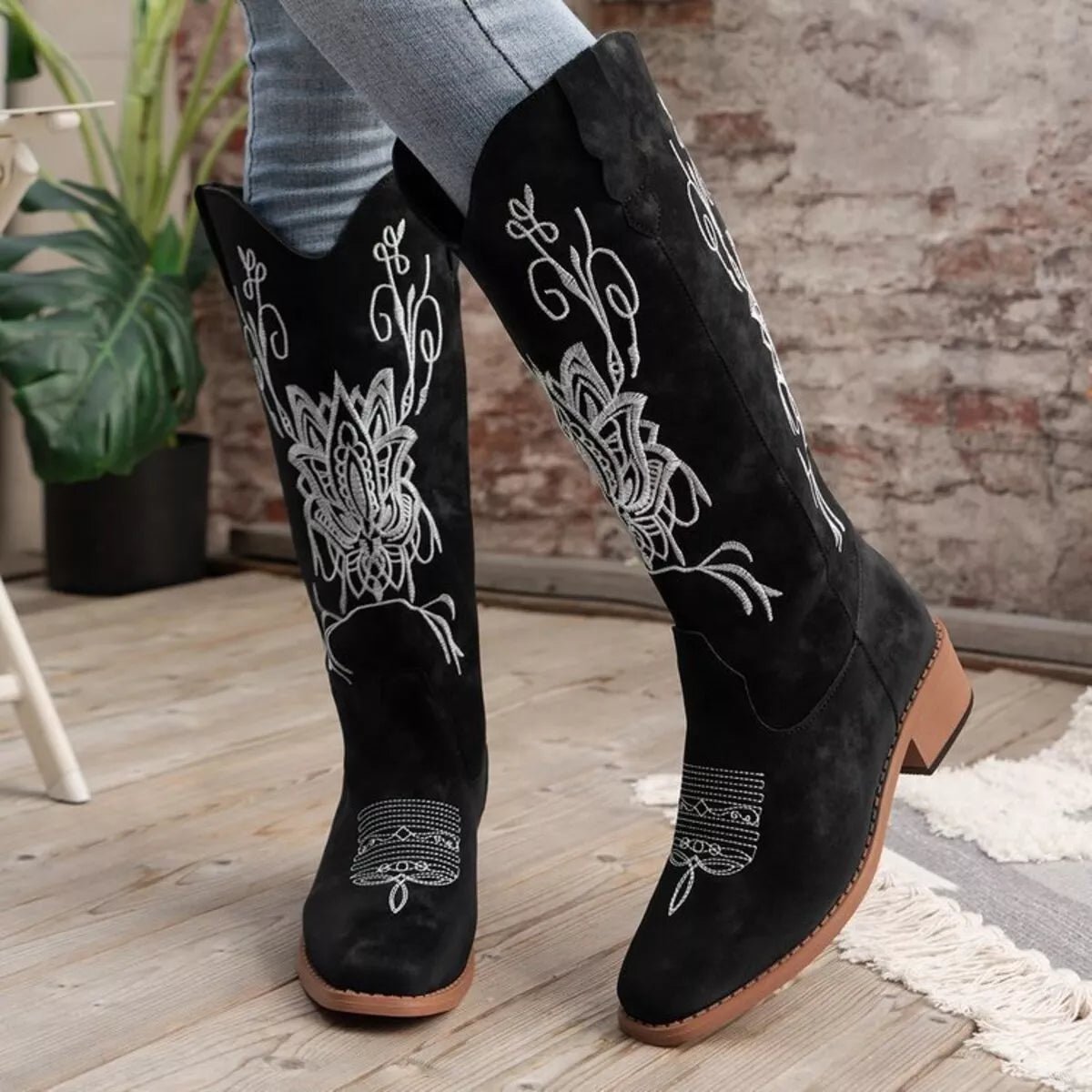Embroidered Block Heels Boots - CELIVINE