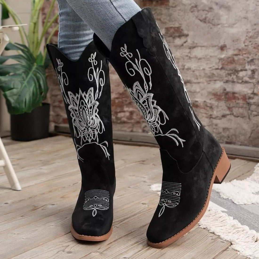 Embroidered Block Heels Boots - CELIVINE
