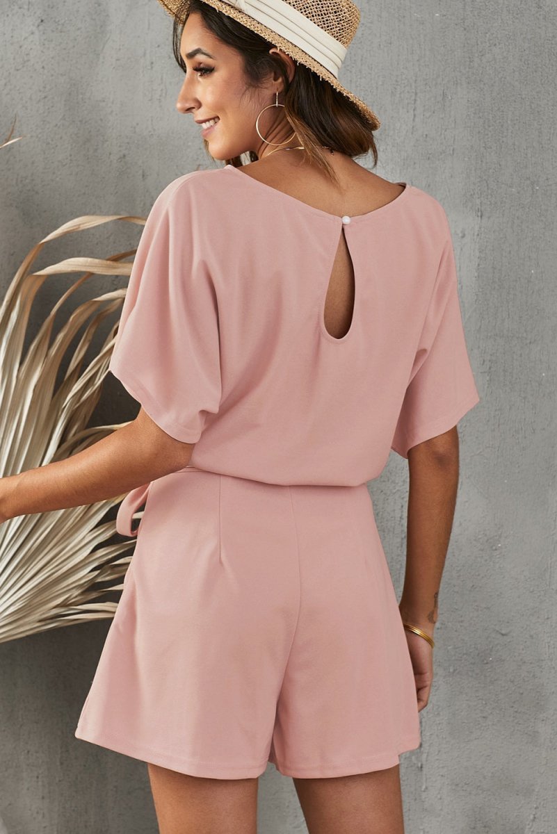 Tie Belt Short Sleeve Romper - CELIVINE