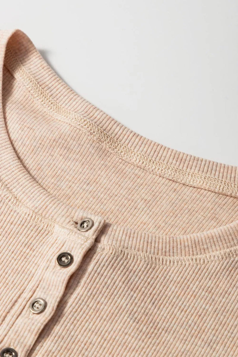 Short Sleeve Half Button Ribbed Knit Top - CELIVINE