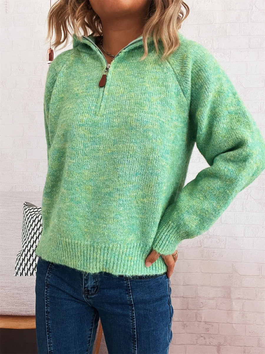 Quarter Zip Ribbed Hem Sweater - CELIVINE
