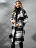 Plaid Collared Neck Long Sleeve Coat - CELIVINE