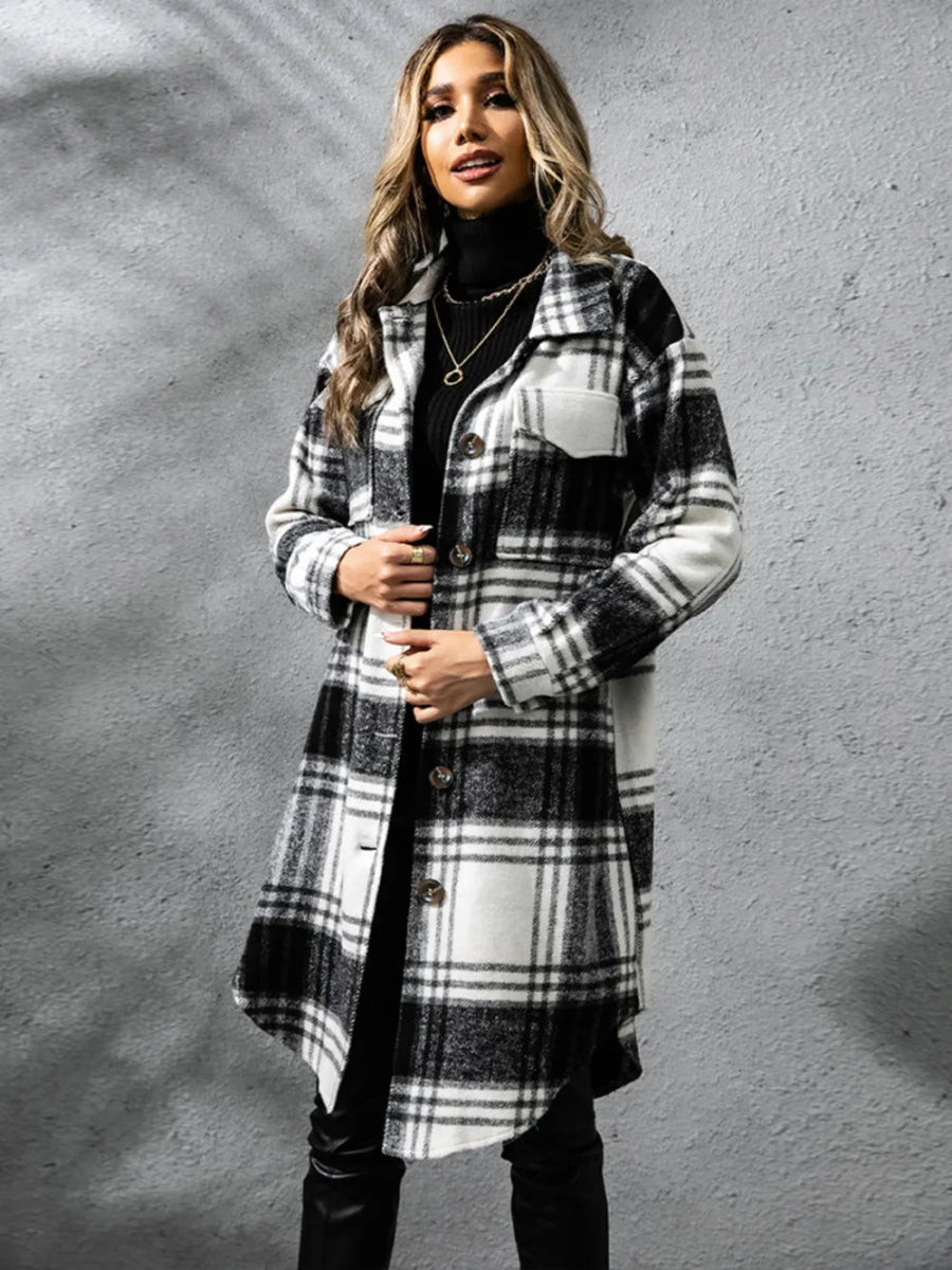 Plaid Collared Neck Long Sleeve Coat - CELIVINE