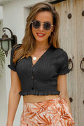 Buttoned Frill Hem Cropped Knit Top - CELIVINE