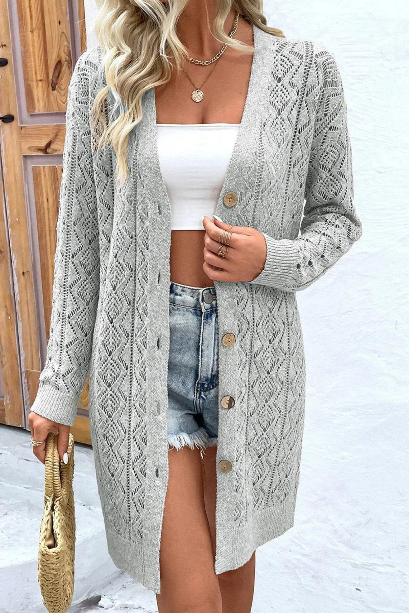 Openwork Button Down Long Sleeve Cardigan - CELIVINE