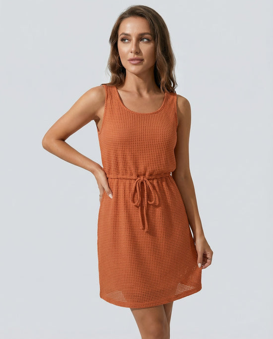 Waffle - Knit Drawstring Mini Tank Dress - CELIVINE