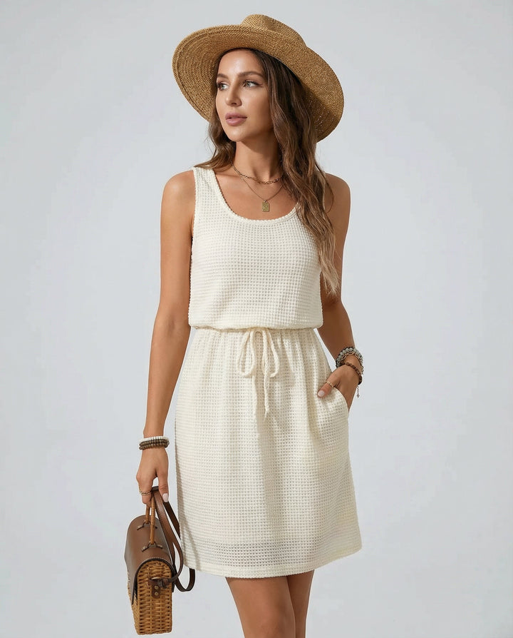Waffle - Knit Drawstring Mini Tank Dress - CELIVINE