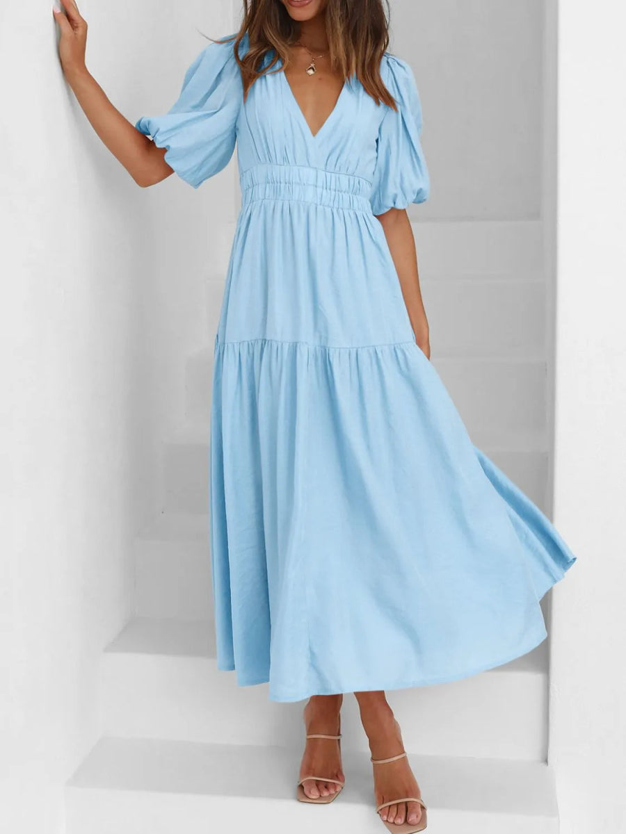 V - Neck Puff Sleeve Midi Dress - CELIVINE
