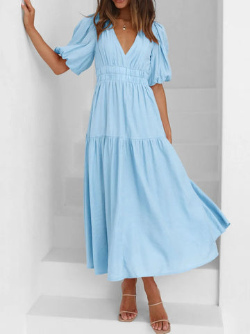 V - Neck Puff Sleeve Midi Dress - CELIVINE