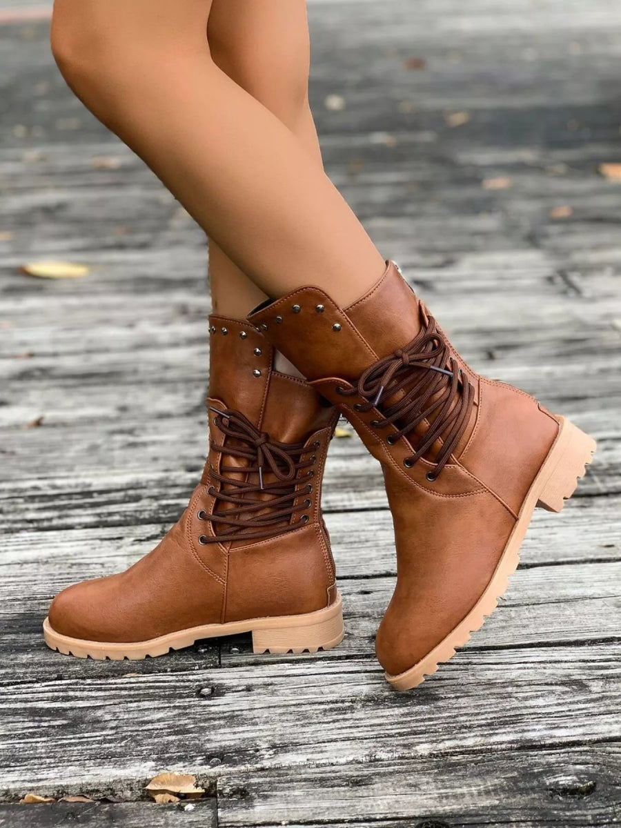 Round Toe Block Heels Boots - CELIVINE