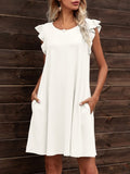 Round Neck Flutter Sleeve Dress with Pockets - CELIVINE