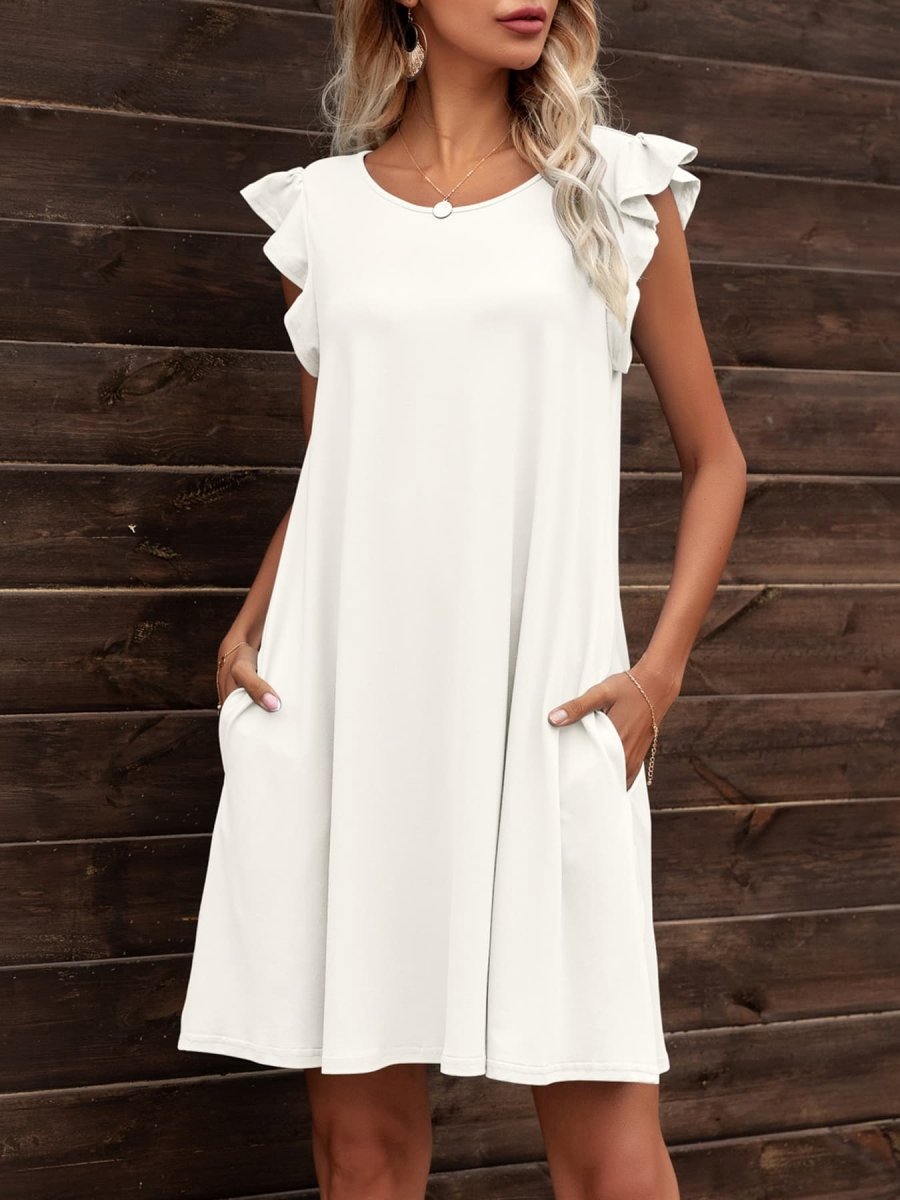 Round Neck Flutter Sleeve Dress with Pockets - CELIVINE