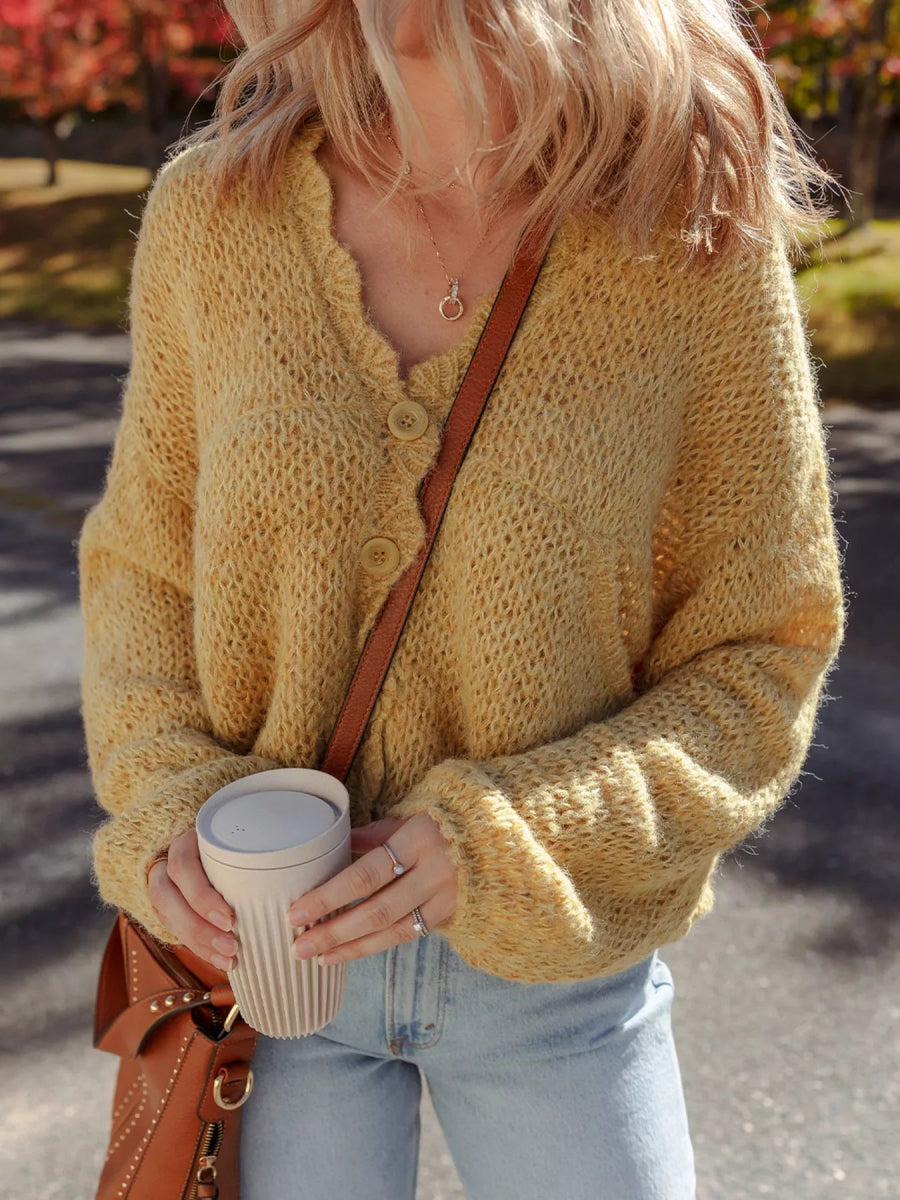 Lantern Sleeve Scallop V Neck Buttoned Front Cardigan - CELIVINE