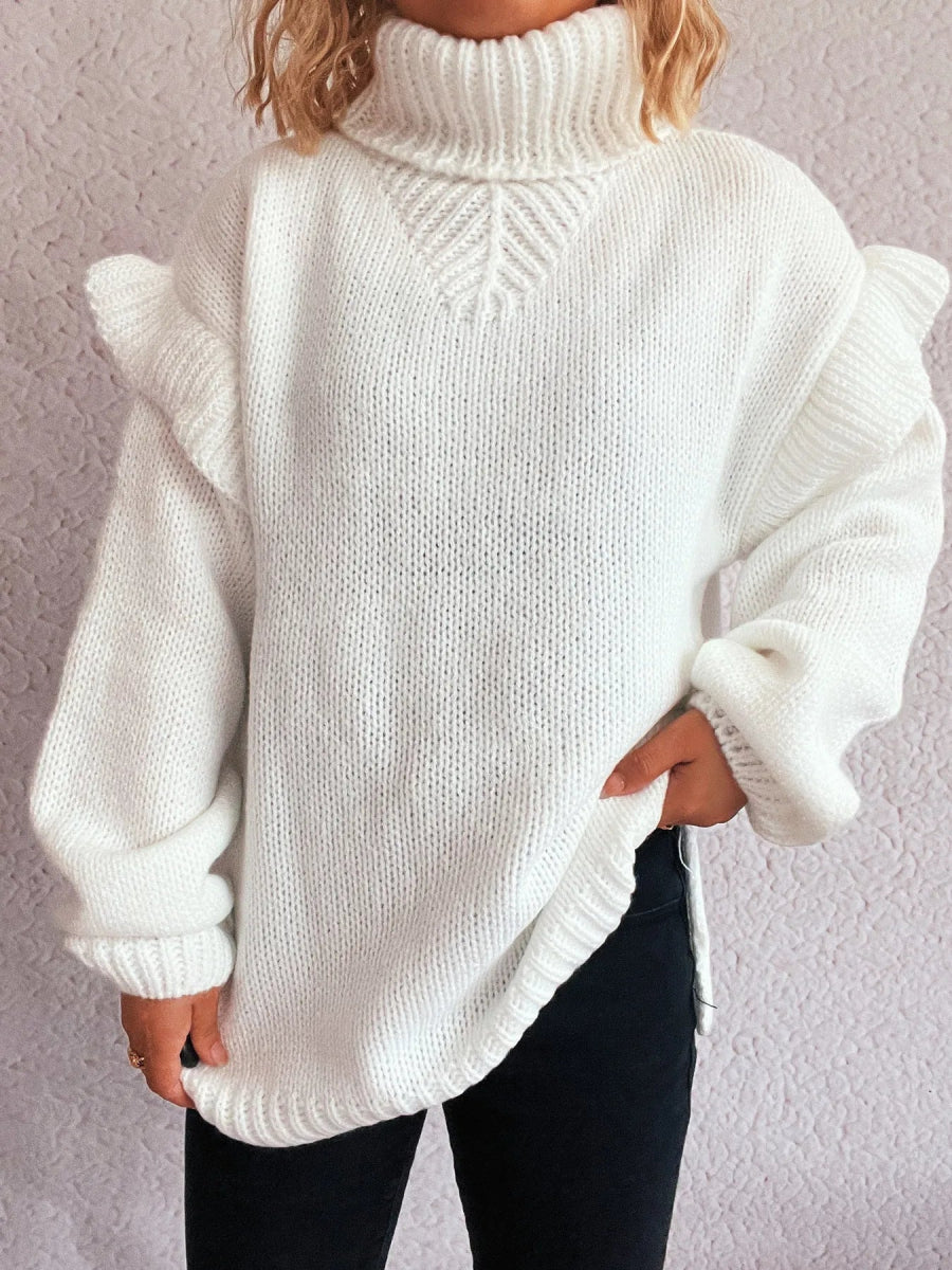Ruffled Turtleneck Long Sleeve Sweater - CELIVINE
