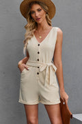 Button Front Belted Sleeveless Romper - CELIVINE