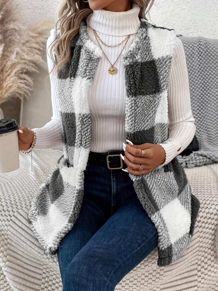 Plaid Sherpa Vest Coat with Pockets - CELIVINE