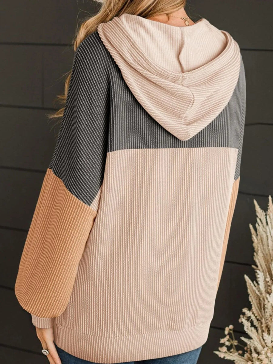 Drawstring Color Block Long Sleeve Hoodie - CELIVINE