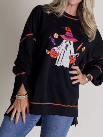 Halloween Ghost Sequin Exposed Seam Sweatshirt - CELIVINE