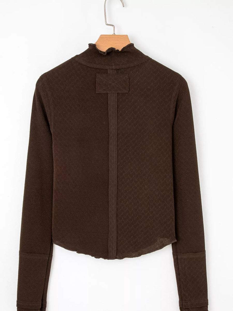 Lettuce Trim Raw Seam Patchwork Jacquard Long Sleeve Top - CELIVINE