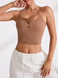 Ribbed Half Button Cropped Active Cami - CELIVINE