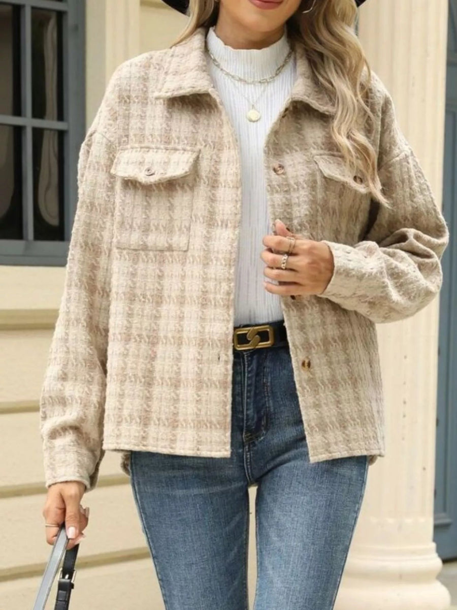 Plaid Button Up Long Sleeve Jacket - CELIVINE