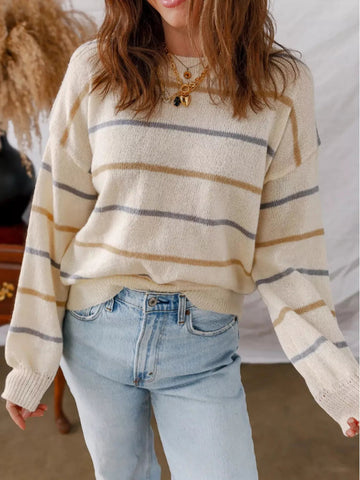 Striped Round Neck Drop Shoulder Sweater - CELIVINE