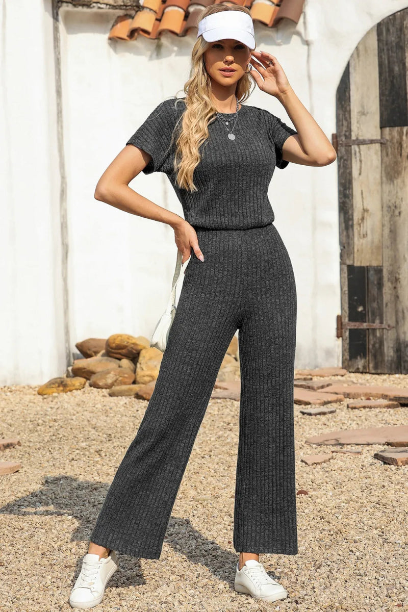 Ribbed Short Sleeve Wide Leg Jumpsuit - CELIVINE