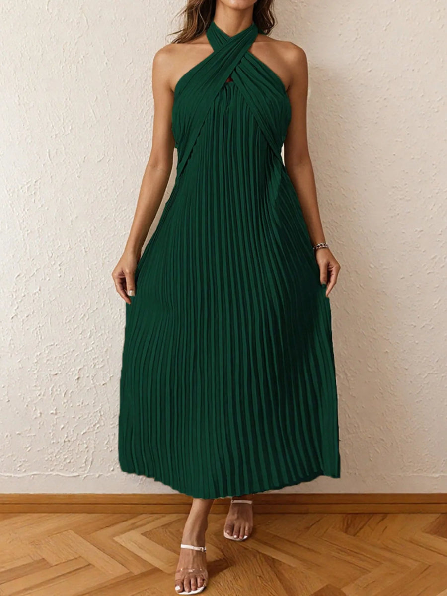 Pleated Halter Neck Midi Dress - CELIVINE