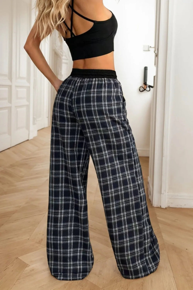 Plaid Wide Leg Pants - CELIVINE